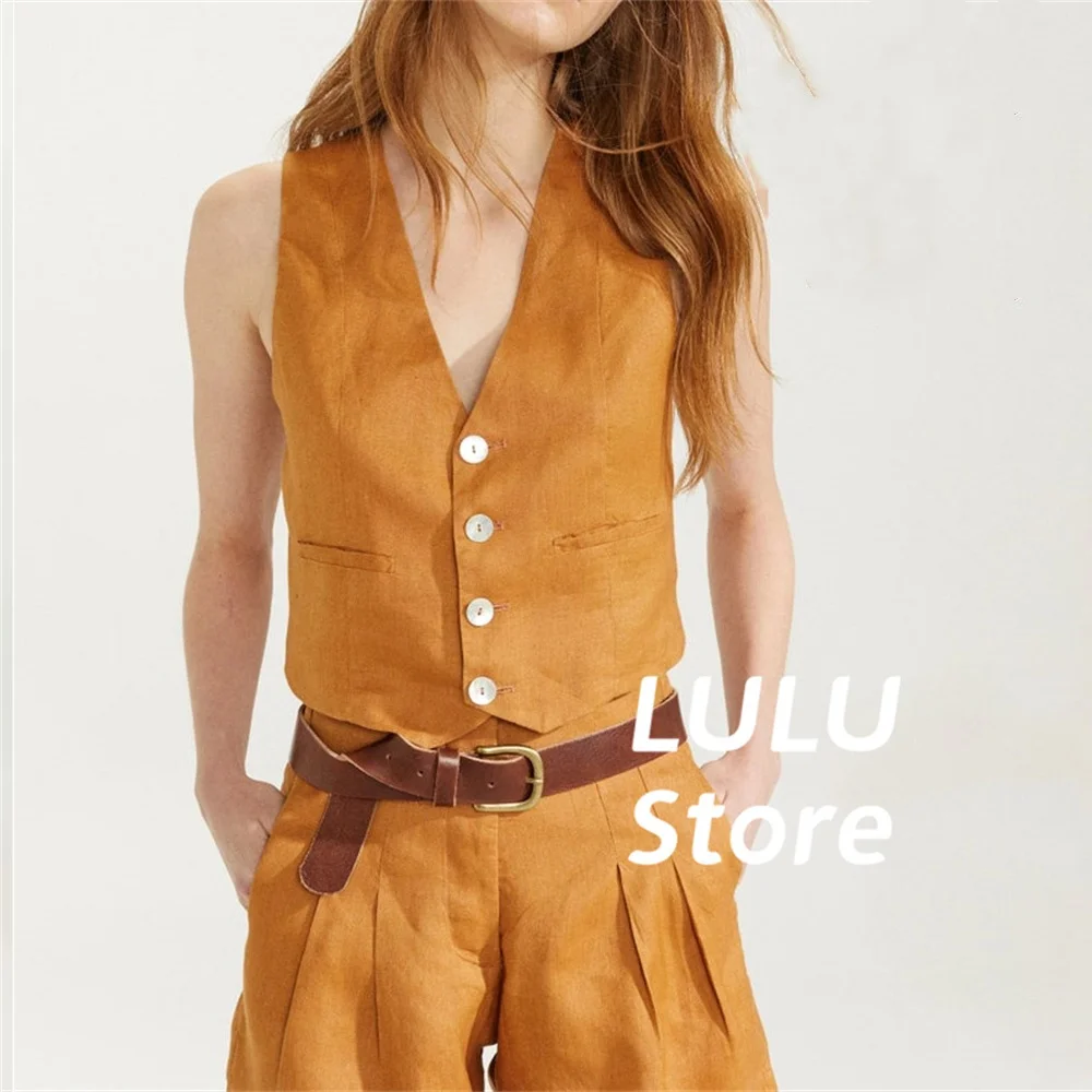 

Женский костюм без рукавов, летний однобортный жилет с V-образным вырезом, оранжевый повседневный костюм для ленивых, быстрая доставка, женская одежда