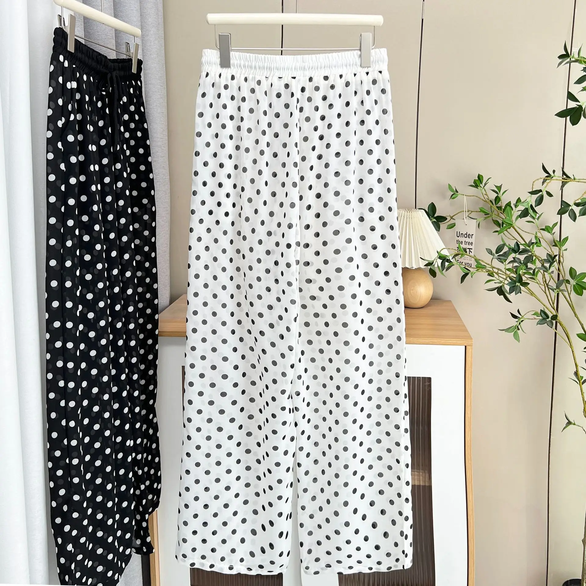 100kg Plus Size Women's Wide Leg Pants Casual Simple Translucent  Thin Polka Dot Chiffon Trousers Summer New 1686