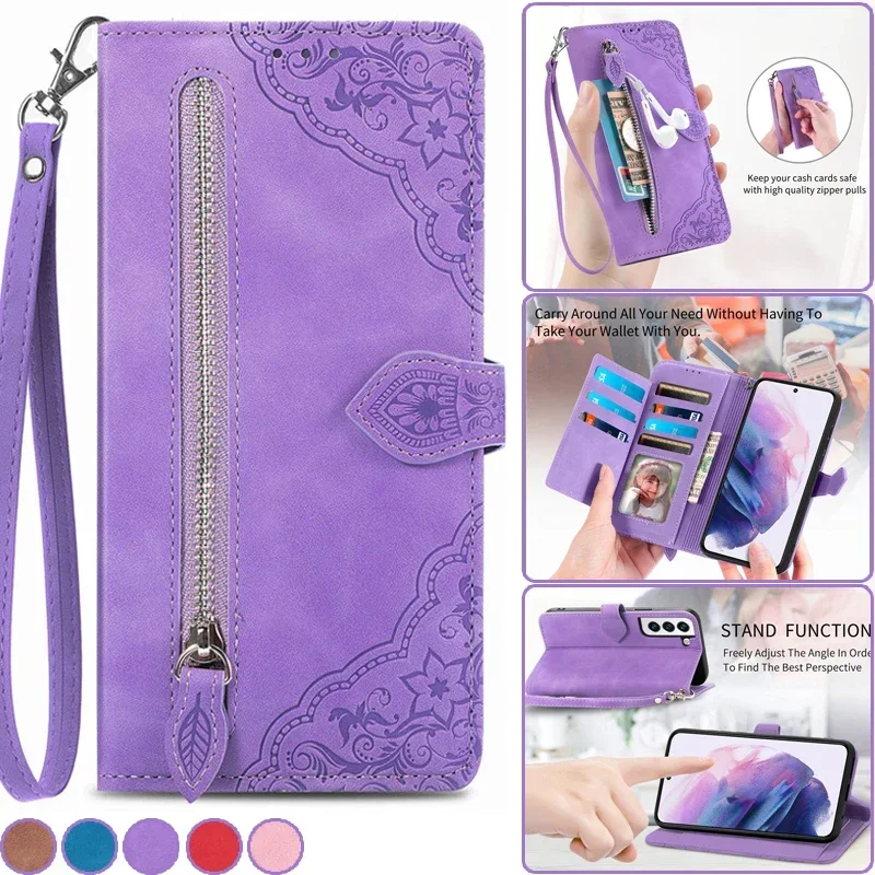 Leather Magnetic Zip Wallet Card Cover Phone Case