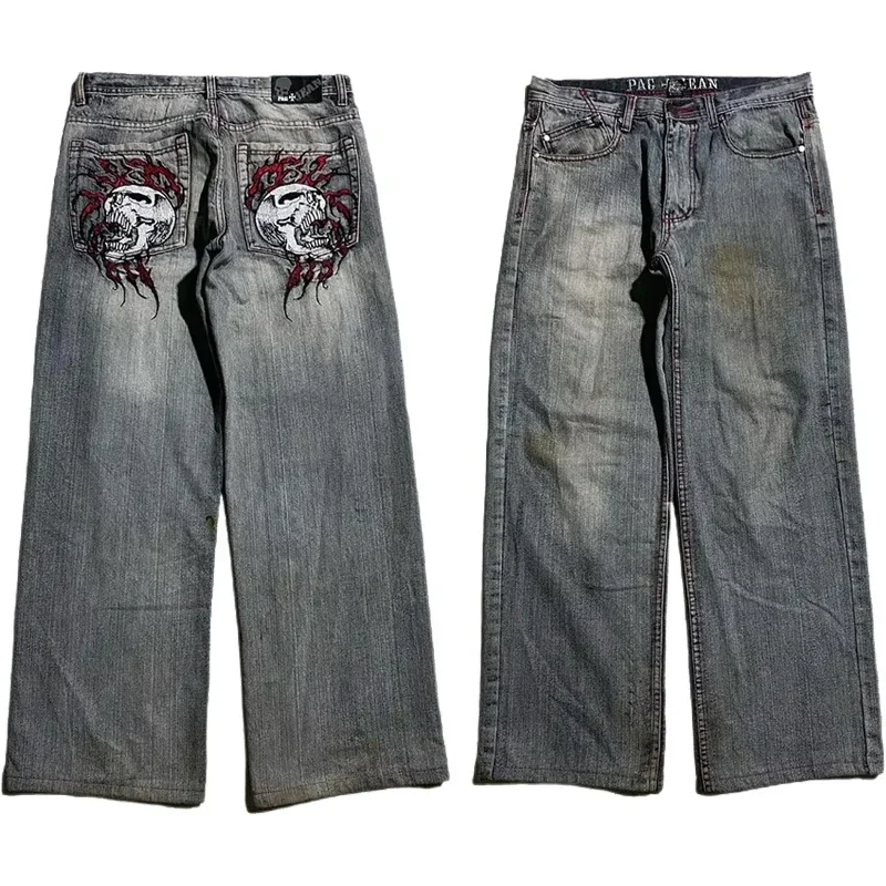 Goth Style Skull Embroidery Y2K Jeans Men Streetwear Hip Hop Wash Loose Harajuku Baggy Casual Oversize High Waist Wide Leg Pants