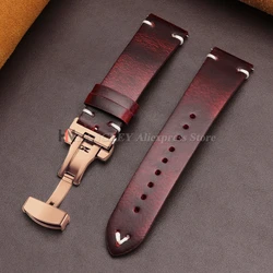 Vintage Oil Wax Leather Watchband Bracelet with Butterfly Buckle and Stitching Cowhide Strap - 22mm (Red - RoseGold)