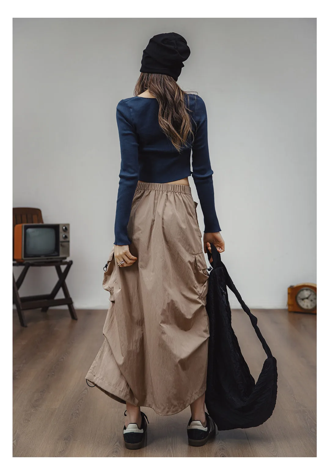 Maden Women Vintage Workwear A-line Skirts Multi-Pocket Tie Draw Pleat Skirt Mid-waist Loose Skirt Spring and Autumn Street Wear