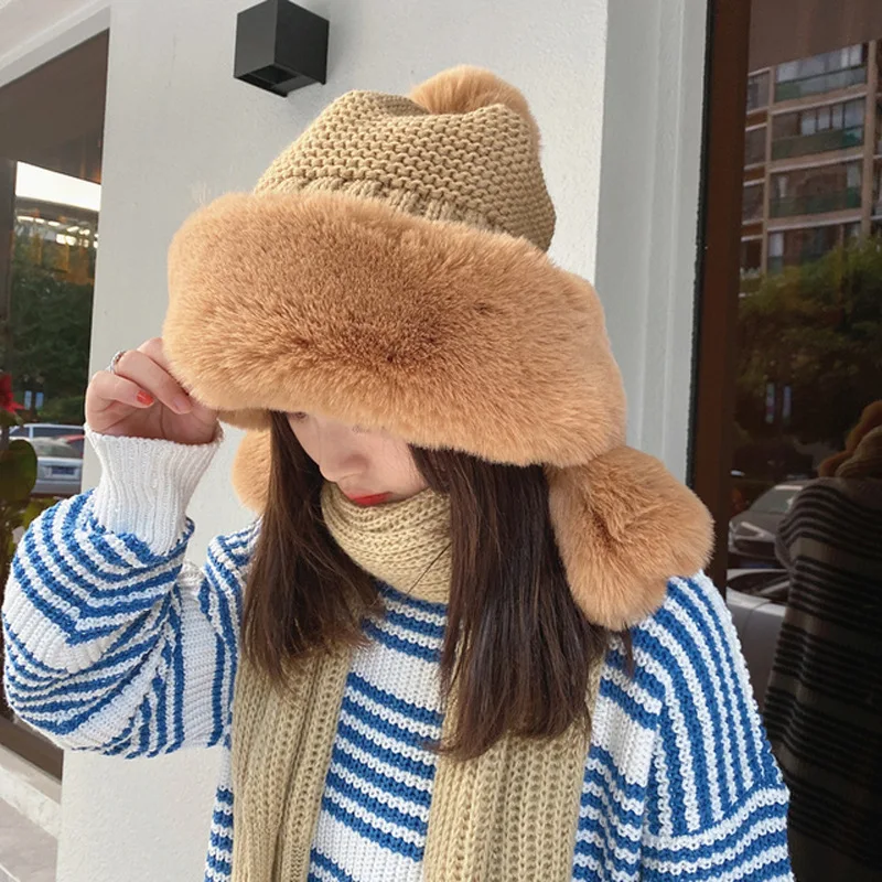 Plush Warm Knitted Hat For Women in Autumn And Winter Cute Fur Ball And Thick Velvet Ear Protection Anti Cold Lei Feng Hat