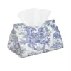 Custom Navy Blue Toile De Jouy Tissue Box Cover Rectangular PU Leather French Countryside Floral Facial Tissues Holder for Car 1