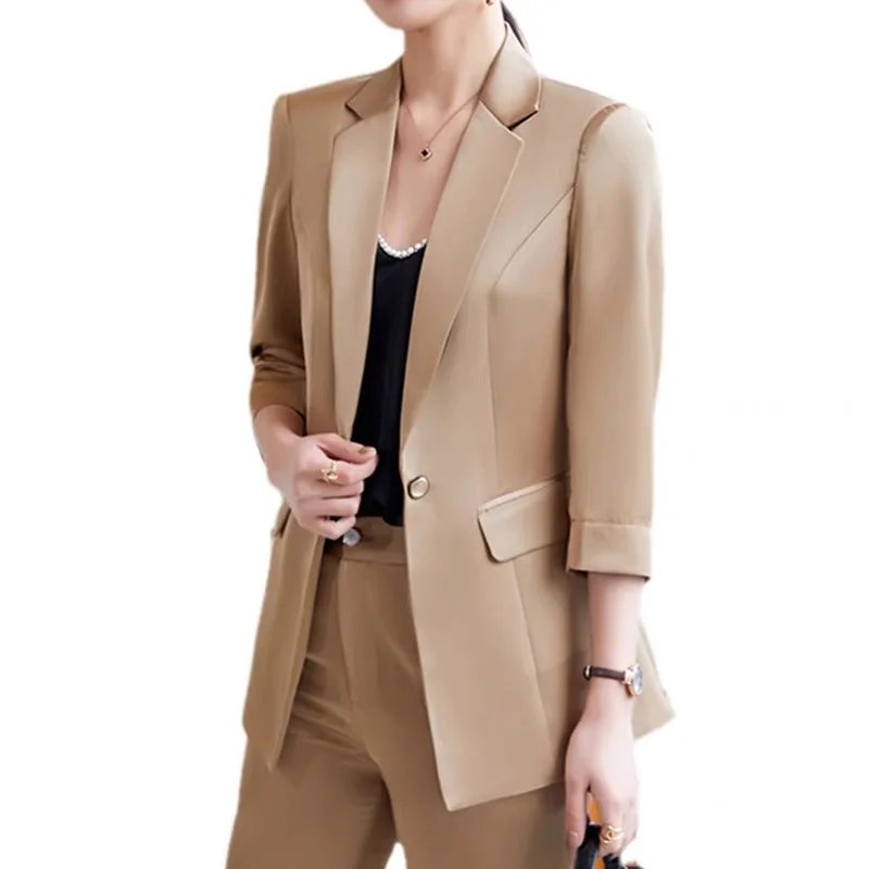 

Lenshin 2 Piece Half Sleeve Flare Pant Suit Summer Wear Office Lady Fashion Design Women Blazer Full Length Trouser