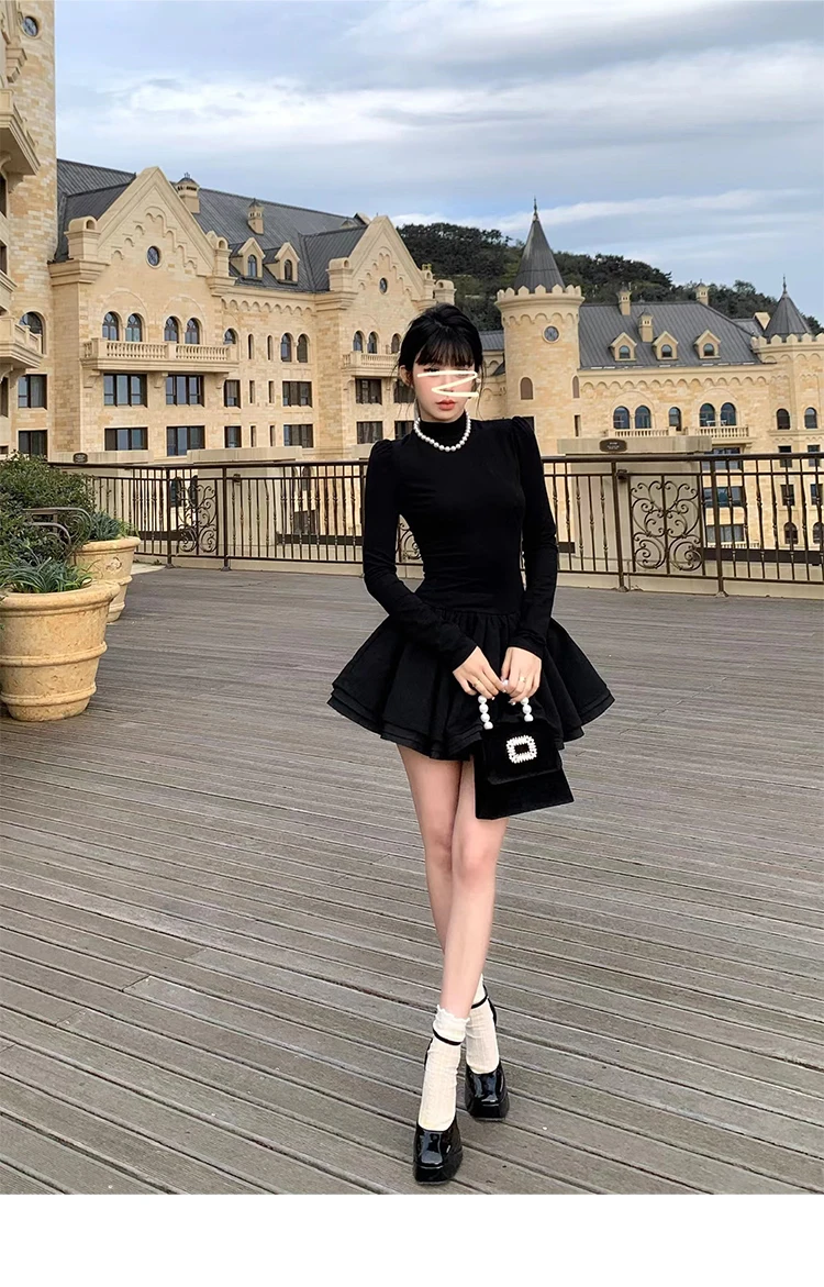 Elegant Solid Knitted Dress Women Long Sleeve Half High Collar A-line Mini Dresses Autumn Winter Birthday Party Vestidos Trend