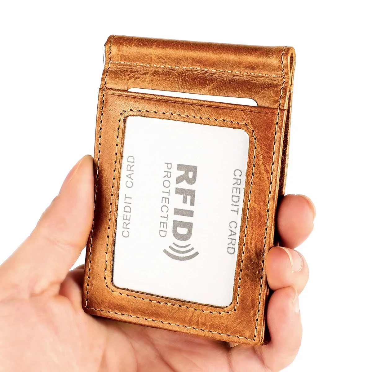 

RFID Genuine Leather Money Clip Wallet for Men Women Slim Credit Card Holder with Zipper Pocket Metal Clamp for Money Coin Purse