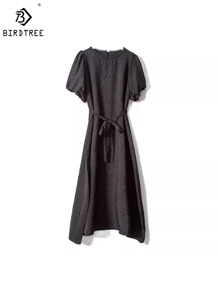 

Birdtree 2023 Women's 100%Mulberry Silk Early Autumn Black Balloon Sleeve Lace Collar Comfortable Midi Party Dress D38320QD