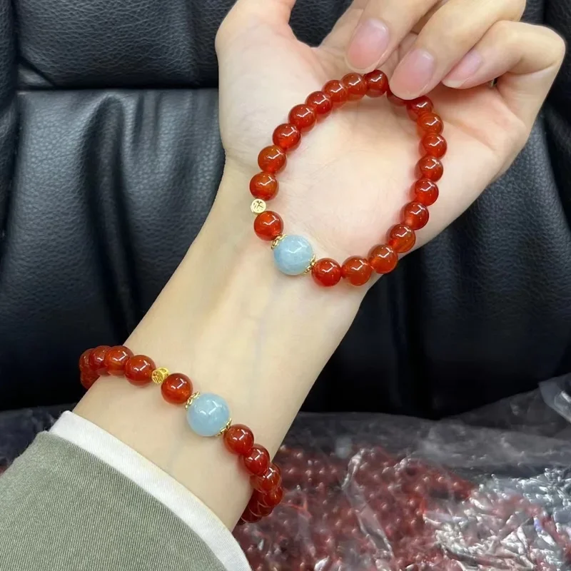 

8mm Natural Red Agate Aquamarine Stones Beads Beaded Strand Women Bracelets Bangles Jewelry Accessories Drop Shipping YBR1047