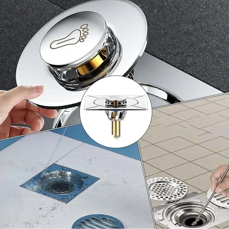 Bathroom Drain Stopper Floor Odor Prevention Square Drain Sink Stopper Foot Pedal Design Brass Core Tub Hair Catcher