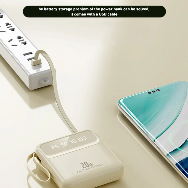 20000mAh Mini Power Bank 4in1 Cable Portable Charger Fast Charging LED Digital Display Poverbank External Battery Mobile Power 5