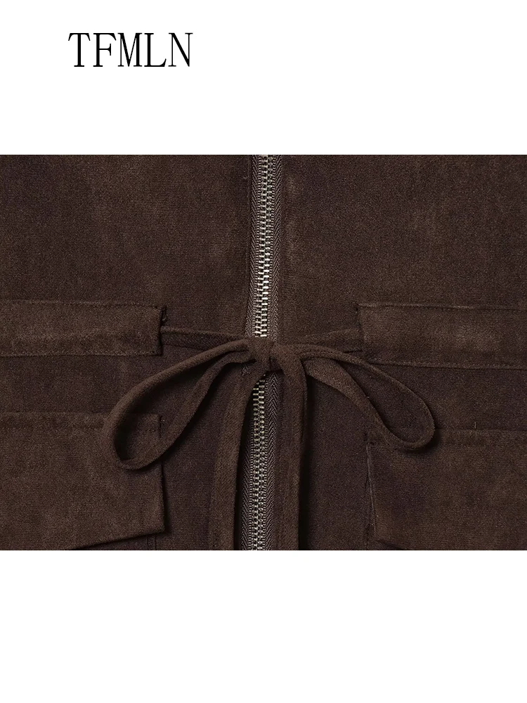 Causal Women Zipper Vest Coats 2025 Autumn Fashion V-neck Sleeveless Drawstring Chic Streetwear Vintage Pockets Solid Jackets