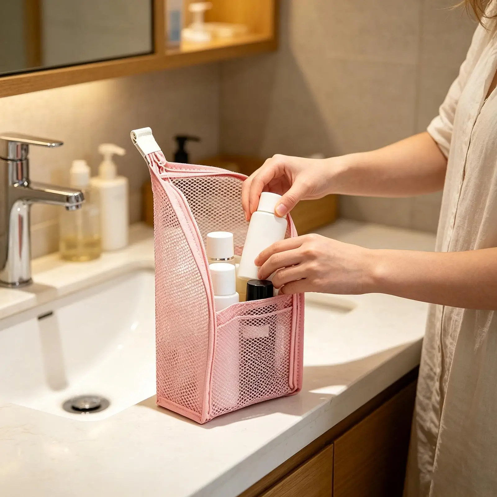 Waterproof Mesh Travel Toiletry Bag for Women - Compact and Versatile Cosmetic Organizer