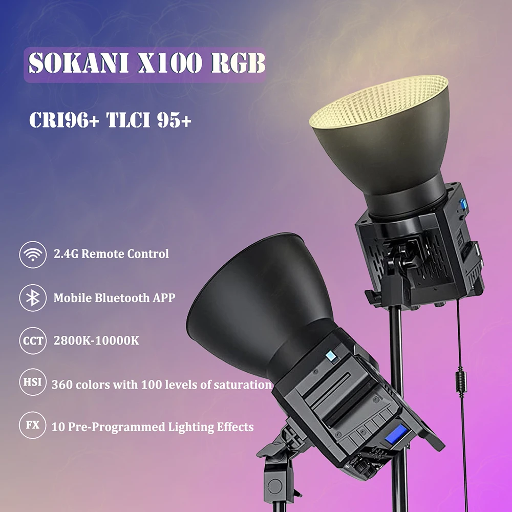 DO BRASIL Sokani X100 100W 바이 컬러 RGB LED 비디오 조명 앱 제어, 비디오 녹화 야외 촬영용 보웬스 마운트 조명