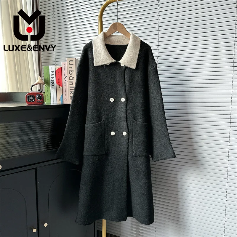 

LUXE&ENVY New Coat Sweater Women's Mid Length Small Figure Design Sense Small Crowd Polo Neck Knitted Coat 2023 Autumn