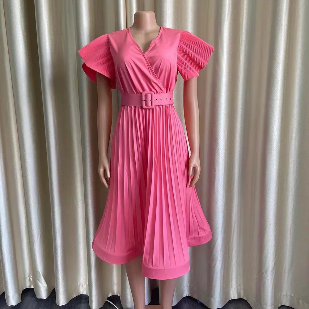 

Women's Dresses Summer 2022 Long Pleated Dress Party White Pink Yellow Elegant Robe Long Dress Women With Belt