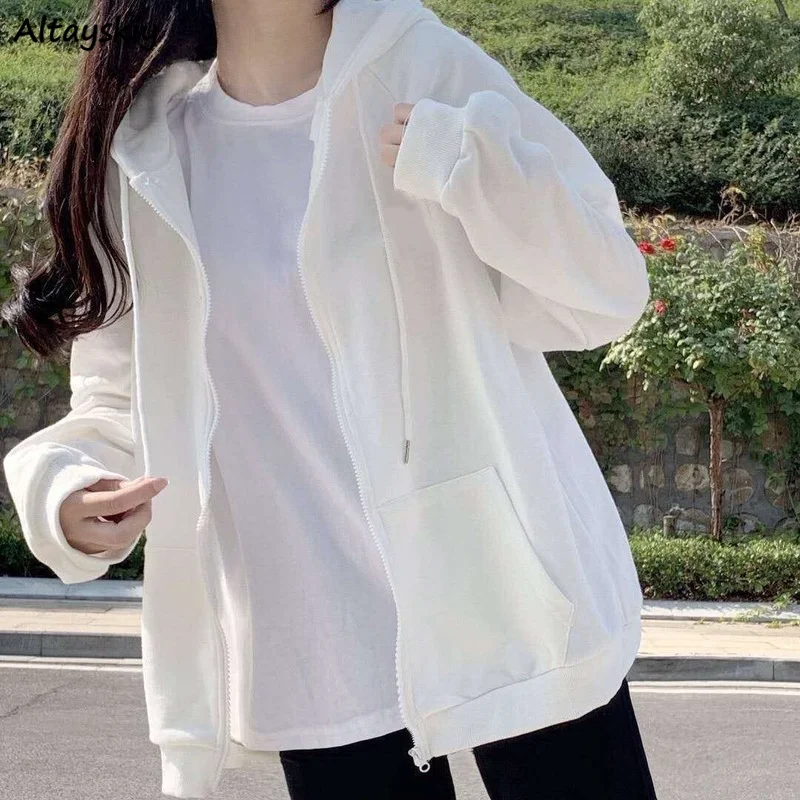 

With Hat Hoodies Women Solid Loose Basic All-match Simple Teens Fashion Casual Unisex Cool Streetwear Tender Youth Female Spring