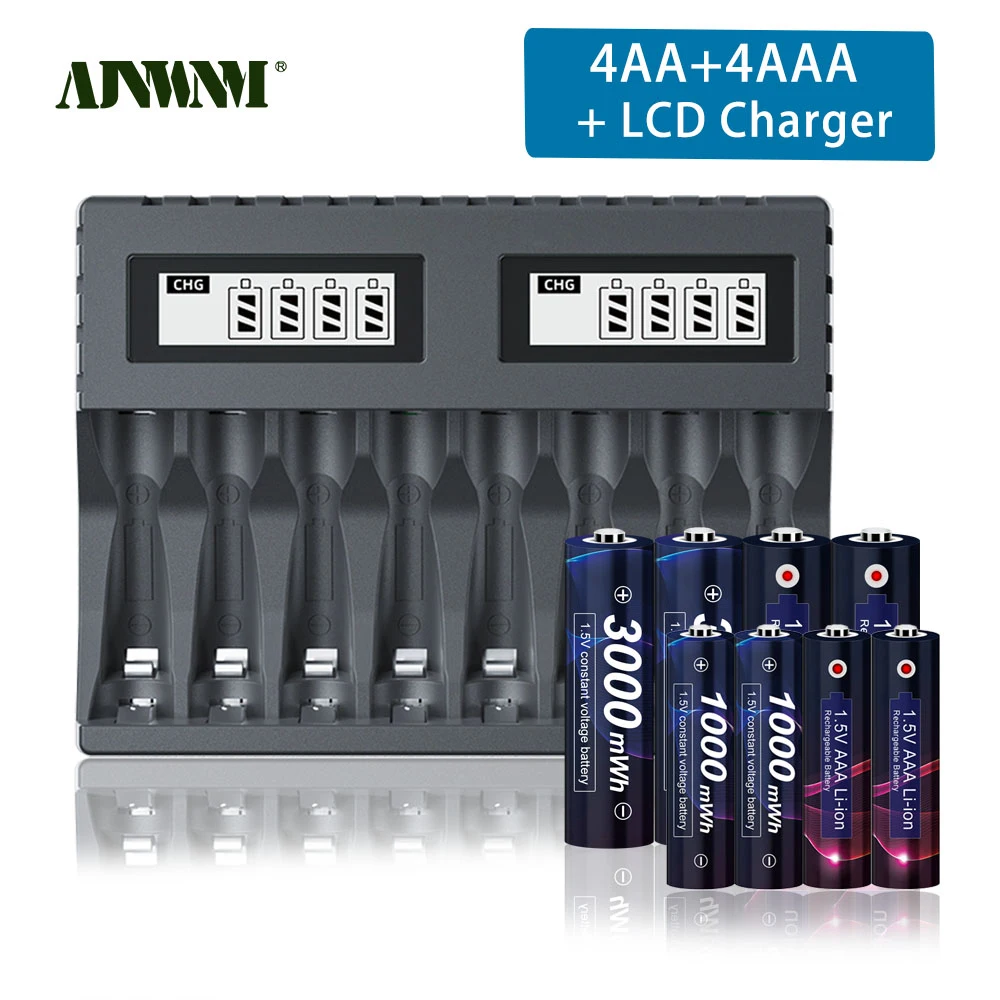 

1.5V AA Rechargeable Battery AA 3000mWh 1.5V AA Li-ion Batteries+ 1000mWh AAA Battery With 8-slot LCD charger 1.5v AAA Batteries