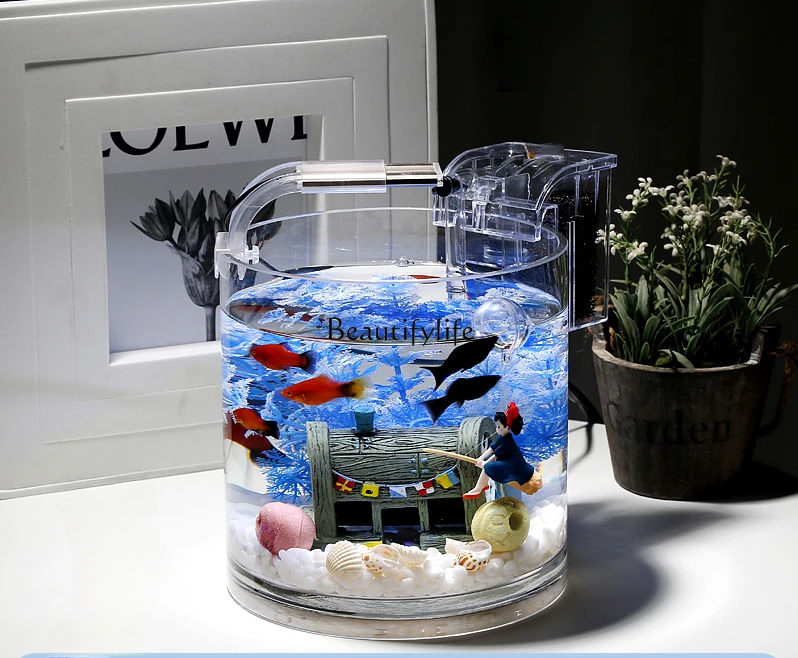 

Super White Glass Fish Tank Household Desk Small Change Water Ecological Cylindrical Fish Globe Landscaping