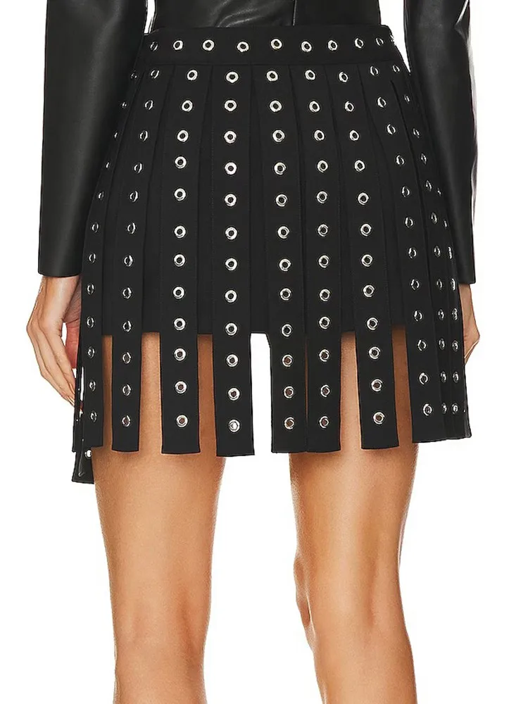 BPN Y2k Patchwork Belts Skirts For Women High Waist Slimming Black Streetwear Chic Mini Skirt Female Fashion Clothing New 2024