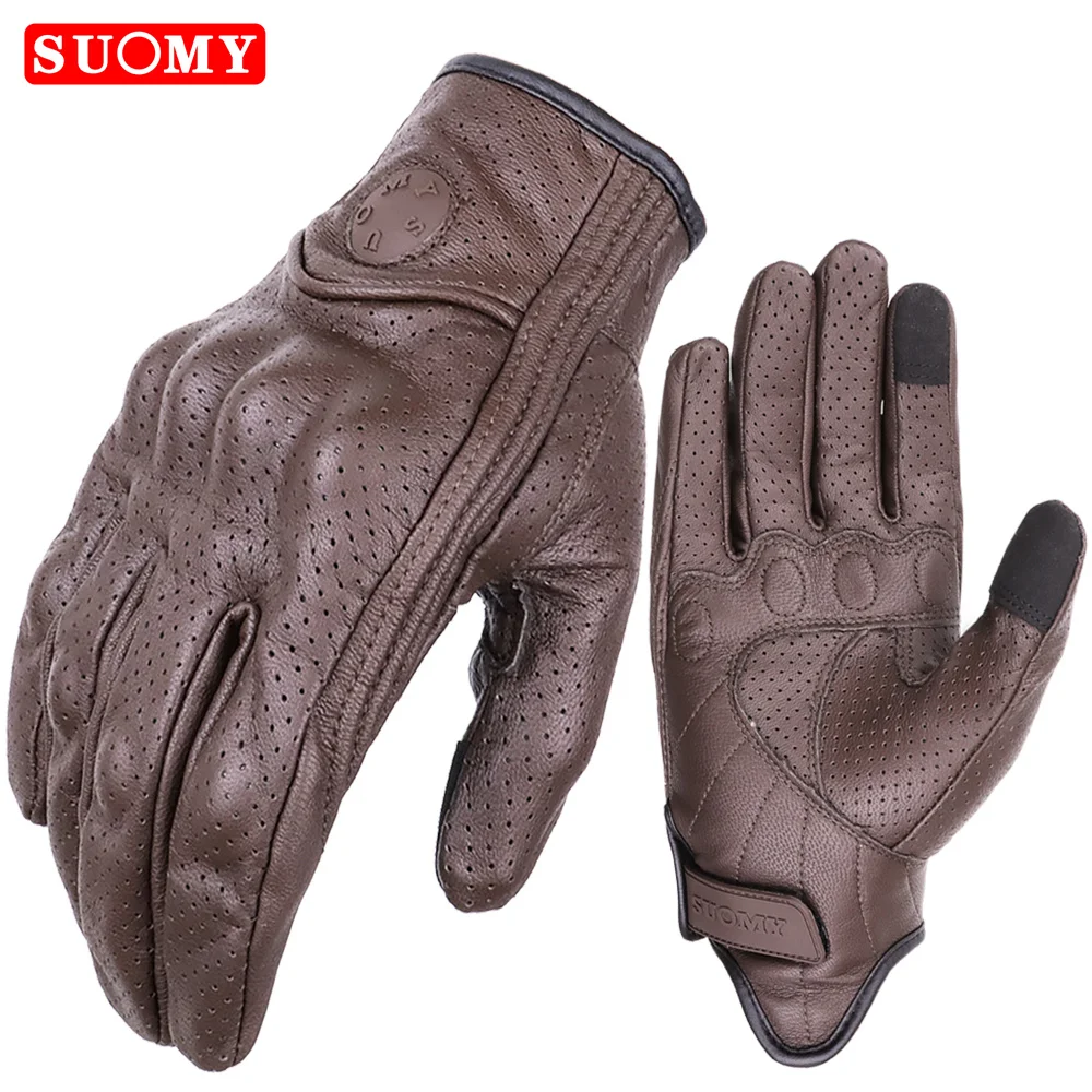 Motorcycle Gloves SUOMY Summer Perforated Retro Brown Real Leather Cafe Racer Motorbike Touchscreen Scooter Guantes