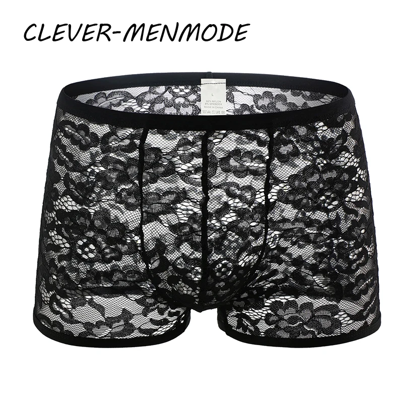 Men's Sexy Lace Sheer Underwear Transparent Boxer Shorts Highlight Penis Pouch Panties Breathable Exotic Lingerie Sissy Gay