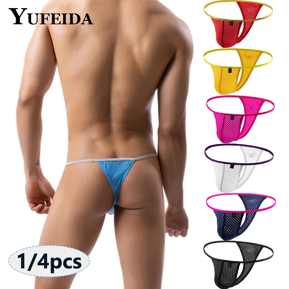 YUFEIDA 1/4pcs Mens Sexy Low Rise Briefs Solid Color Sexy Breathable Mesh G String Thongs Brief Gay Peni Pouch T Back Underwear