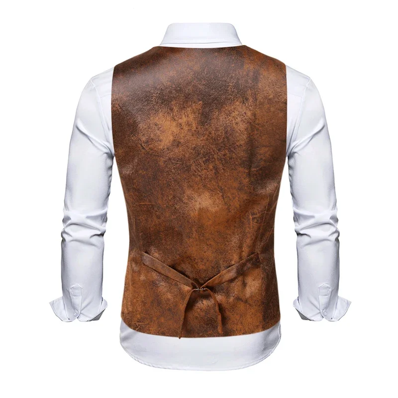Vintage Imitation Leather Single-breasted Men Casual Vests Jacket Autumn New Fashion V-Neck Sleeveless Chaleco Hombre Streetwear