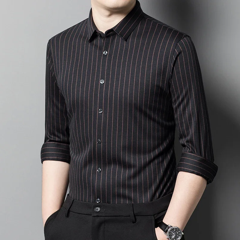 Seamless Wool Spring Autumn Men's Dress Shirts Luxury Striped Long Sleeve Business Casual Single Breasted Male Shirts 4XL