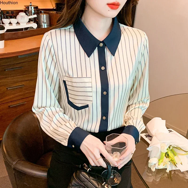 

2024 Summer New Shirt Women Blouse Long Sleeved Satin Surface Stripe Lapel Collar Korean Fashion Loose Top