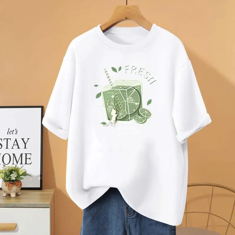 

Женская Базовая футболка с коротким рукавом и мультяшным принтом, винтажные Свободные повседневные пуловеры из 100% хлопка, летняя модная футболка с круглым вырезом