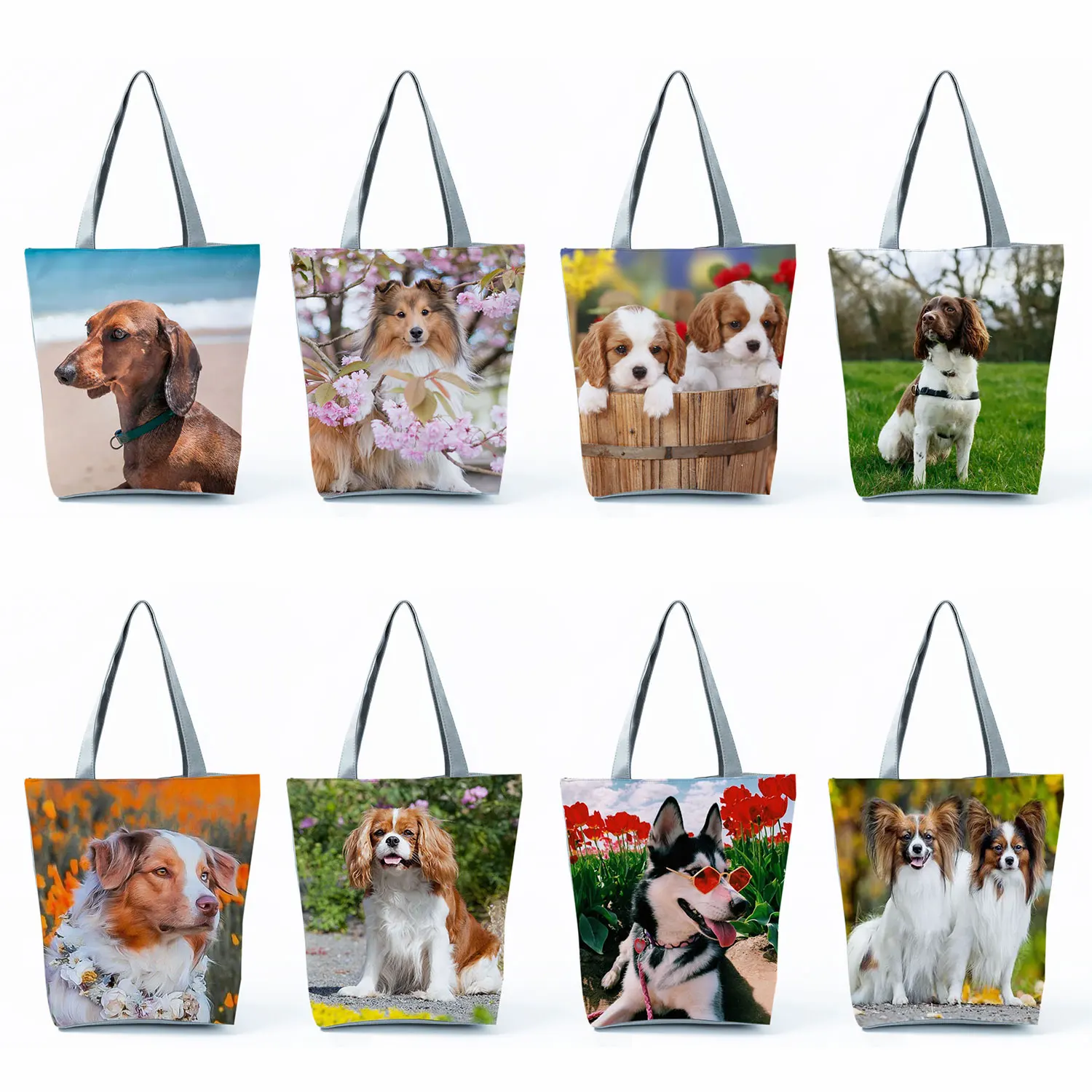 

Portable Tote Women Shoulder Bags Custom Eco Reusable Large Capacity Shopping Bags Casual Handbags Cute Animal Dog Printed Gift