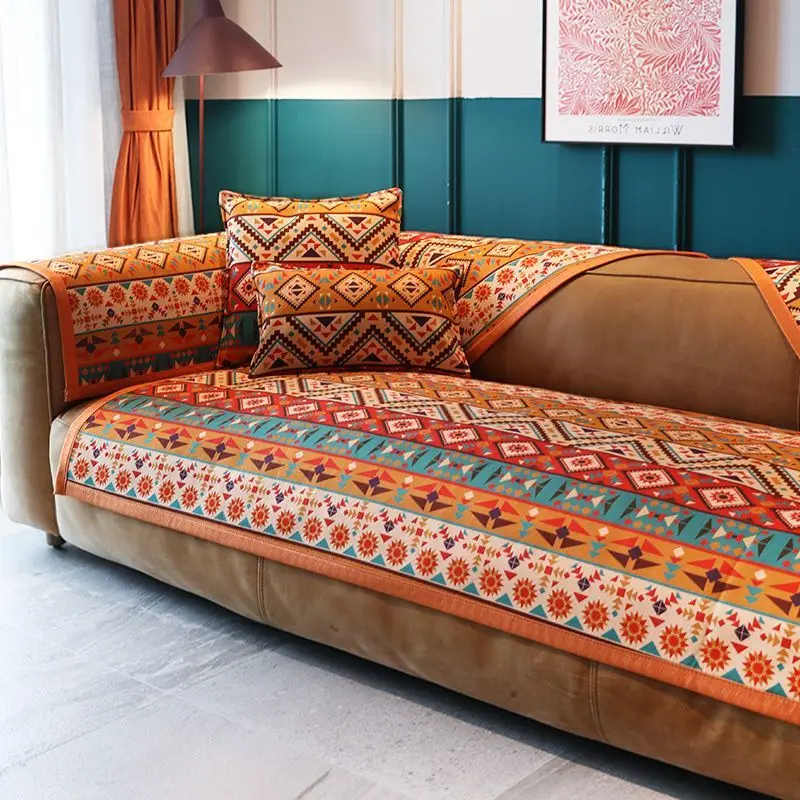 

Bohemian Chenille Sofa Cushion Backrest Towel Orange Four Seasons Universal Anti Slip Settee Cover Geometric Pattern Sofa Towel