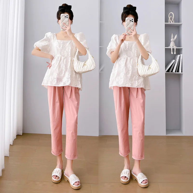 C68246# Maternity Tops+Pants Two-piece Short Sleeve Squared Collar Ninth Pants Lace Summer Arrival Casual Maternity