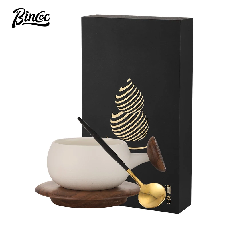 Bincoo-200ml 커피 컵과 접시 선물 상자 세트, 호두 손잡이와 에스프레소 세라믹 머그잔 접시 스푼 세트, 크리에이티브 선물