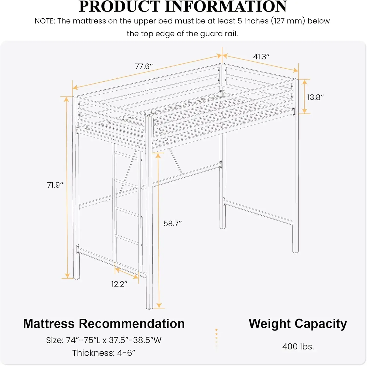 Twin loft bed Twin Loft Bed with Desk Charging Station Storage Shelves LED Lights Music Sync Safe Guardrail & Wooden Ladder