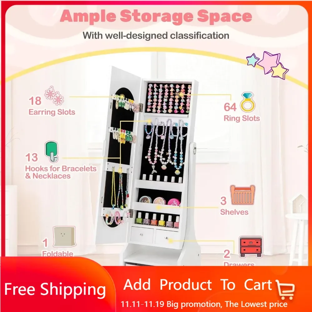 Kids Jewelry Armoire Cabinet, 41.5" Standing Wooden Standing Jewelry Organizer with Full-length Mirror and Storage Box