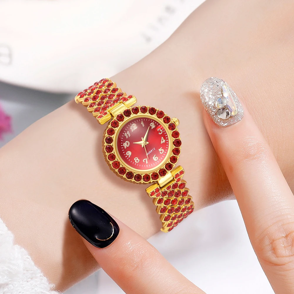 6PCS/Set Women's Red Alloy Watch Strap Fashionable Rhinestone Quartz Watch Necklace Earrings Jewelry Set 2
