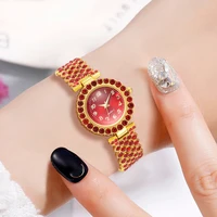 6PCS/Set Women's Red Alloy Watch Strap Fashionable Rhinestone Quartz Watch Necklace Earrings Jewelry Set 2