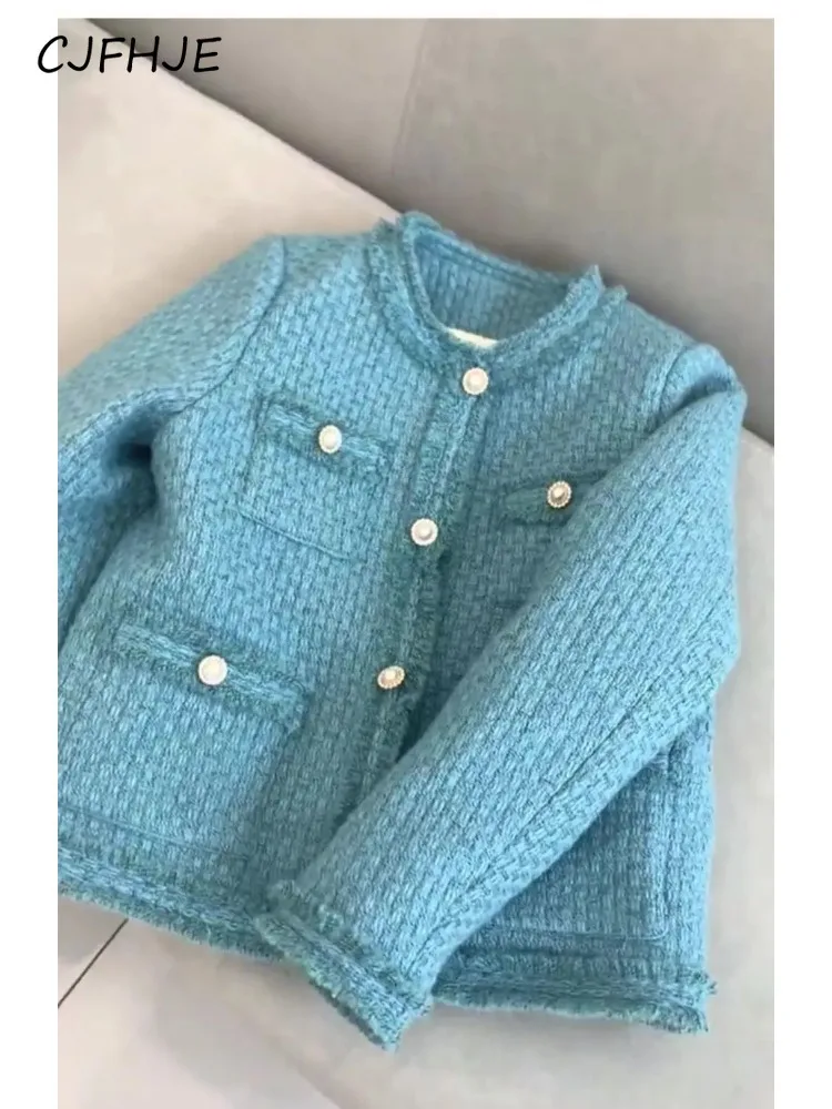 CJFHJE New Retro Blue Cotton Clip Women's Coat Winter French Fashion Classic Round Neck Single Breasted Women High Quality Coats