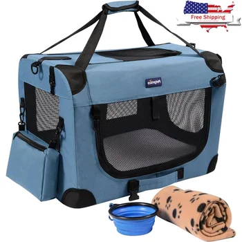 Portable Collapsible Dog Crate Travel Pet Carrier with Soft Warm Blanket Foldable Bowl Small Dogs Cats Indoor Outdoor 1