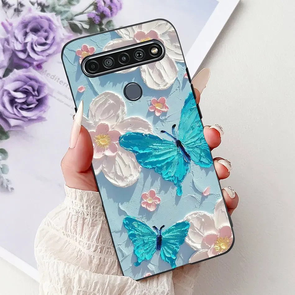 Elegant Floral Cat Printed Black Silicone Phone Case