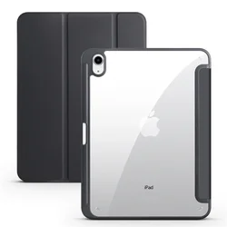 Enhanced Tri - Folding iPad Case with Pencil Holder and Clear Acrylic Back - iPad 11 10 (Black)