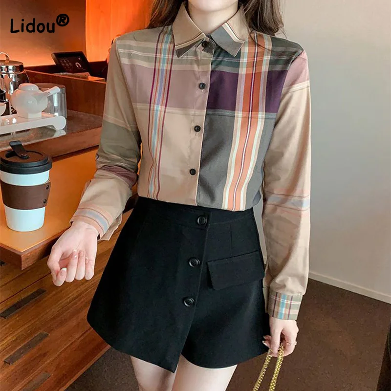 Fashion Women Blouse 2022 New Spring Autumn Turn-down Collar Plaid Printing Long Sleeve Chiffon Buttons Straight Cardigan Shirt for toyota 3 1 buttons suitable camry rav4 reiz vios crown car straight remote control modified folding key shell aktyf127