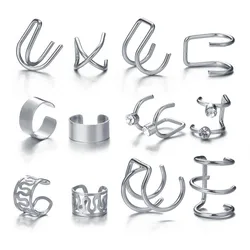 Silver Leaves Non - Piercing Ear Cuff Set - Trendy Unisex Clip Earrings Gift (12Pcs Silver)