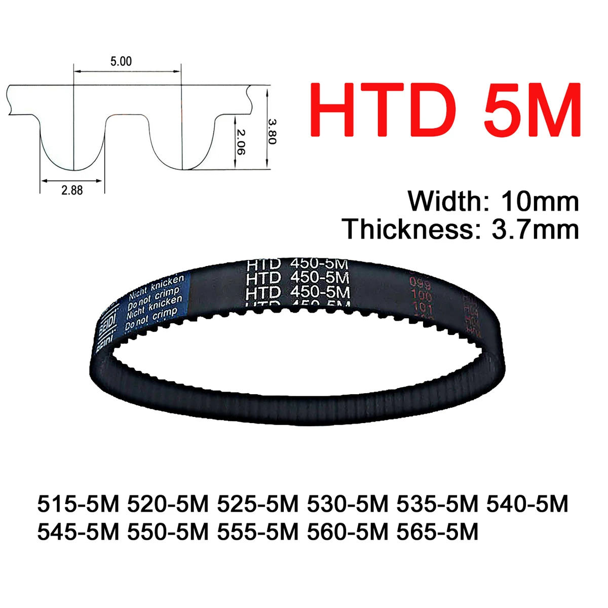 

1Pc Width 10mm 5M Rubber Arc Tooth Timing Belt Pitch Length 515 520 525 530 535 540 545 550 555 560 565mm Synchronous Belt