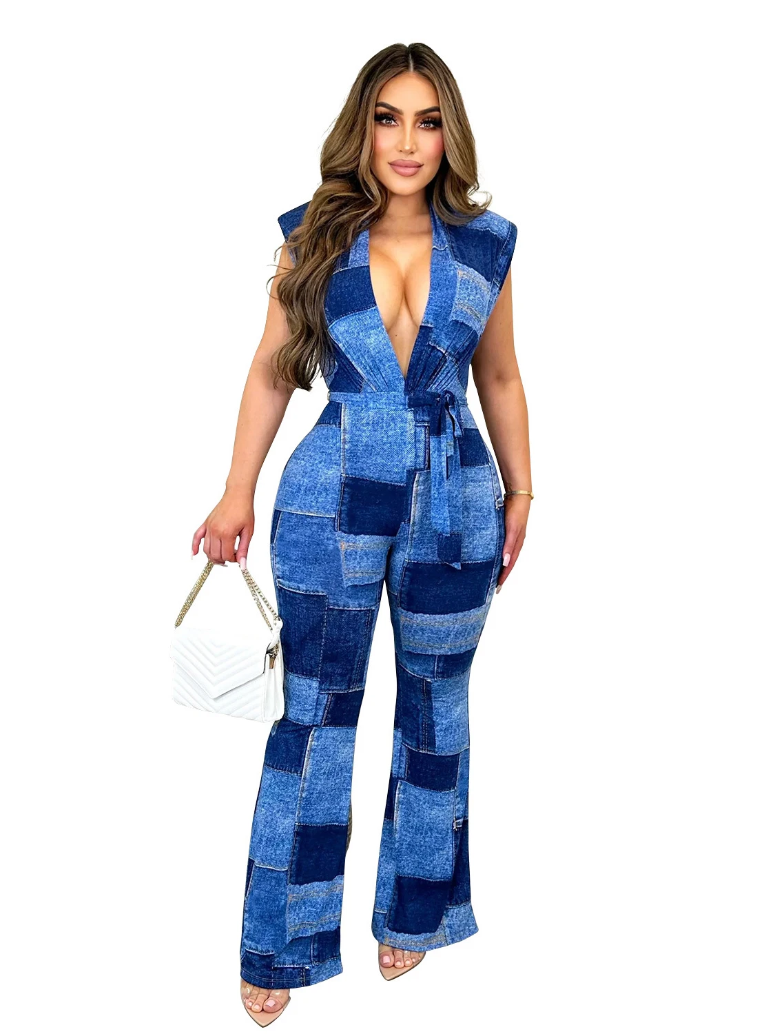 

Szkzk Denim Plaid Print Tank Jumpsuit Waist Ties Women Summer Sleeveless Romper Sexy Night Club Party Bodycon Vestido Jumpsuit