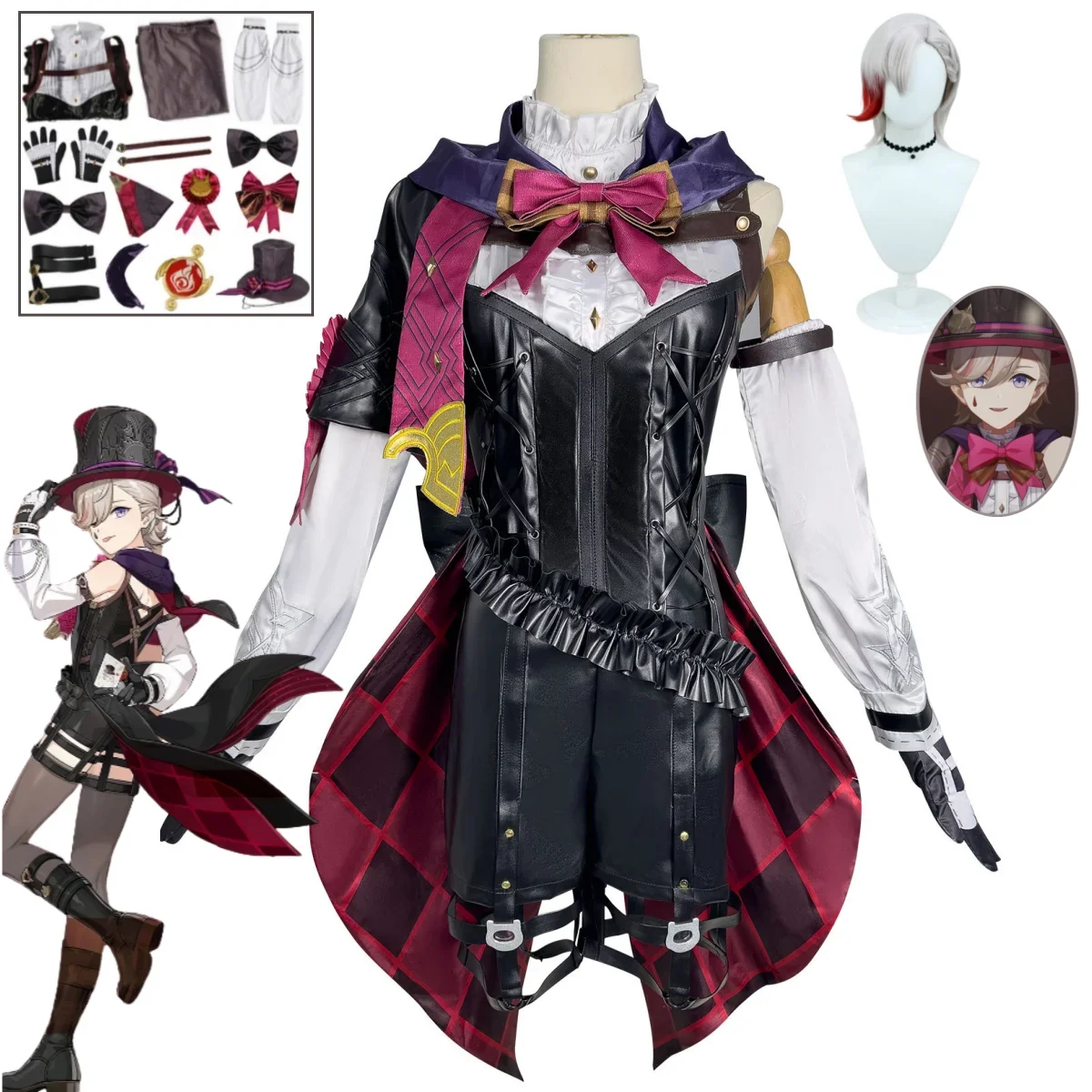 

Anime Genshin Dampak Lyney Kostum Cosplay Leather Witch Uniform Short Dress Halloween Carnival Game Women's Party Set