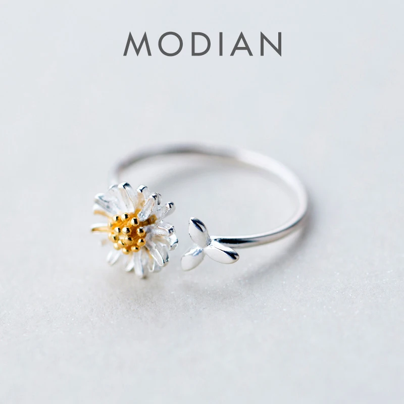 Modian 여성용 귀여운 작은 데이지와 나뭇잎, 진짜  925 반지, 오픈 조절 식..