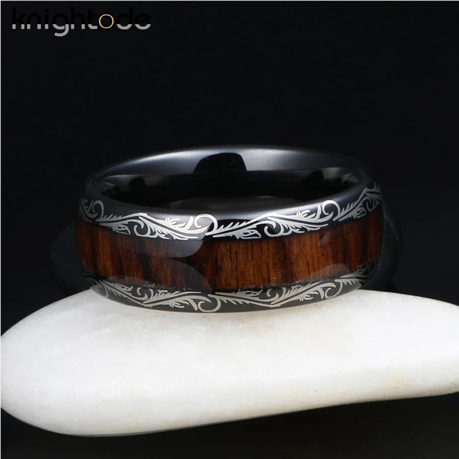 8mm Leaf Veins Black Tungsten Carbide Ring Dark Red Wood Inlay For Men Women Wedding Band Dome Polished Comfort Fit